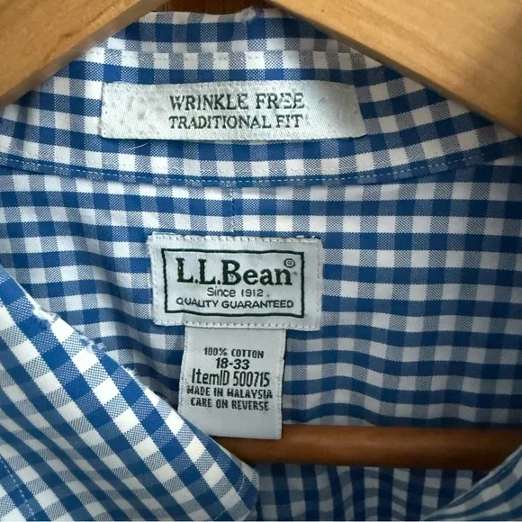 LL Bean Men’s Wrinkle Free Button Down Dress Shirt Blue & White Gingham 18-33 - Picture 2 of 5